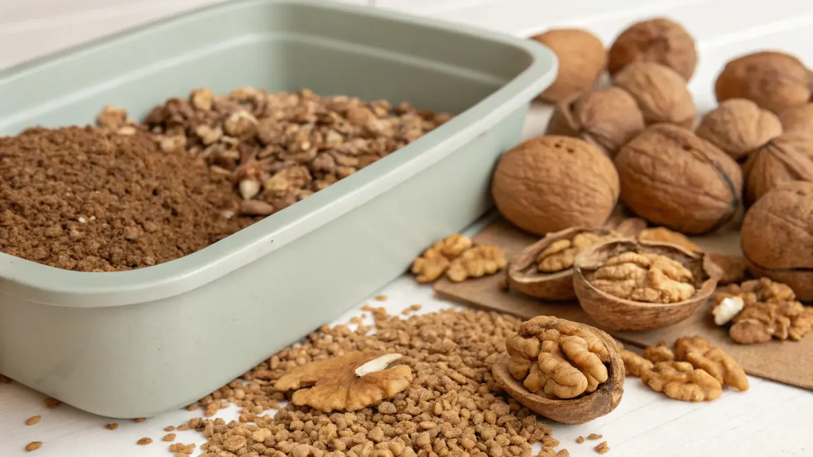 Crushed walnut shell cat litter with whole walnuts