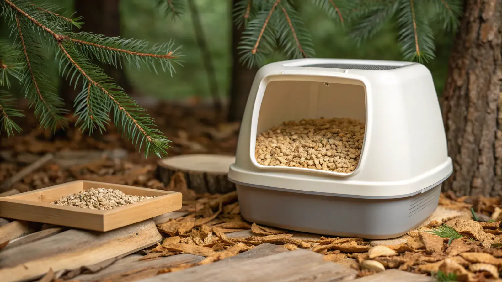 Wood pellet cat litter with loose wood shavings