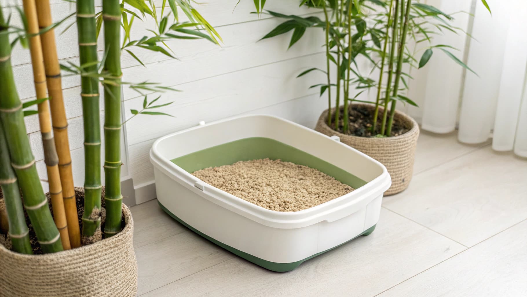 Eco-friendly bamboo cat litter in a modern litter box with bamboo plants