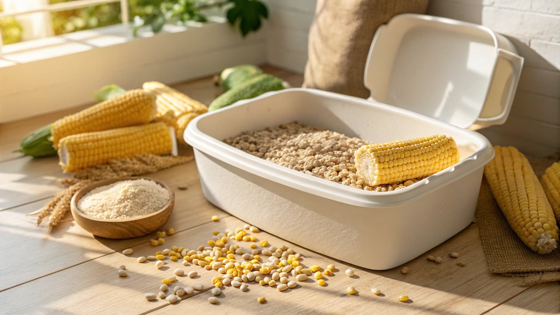 Natural corn-based cat litter granules with corn cobs