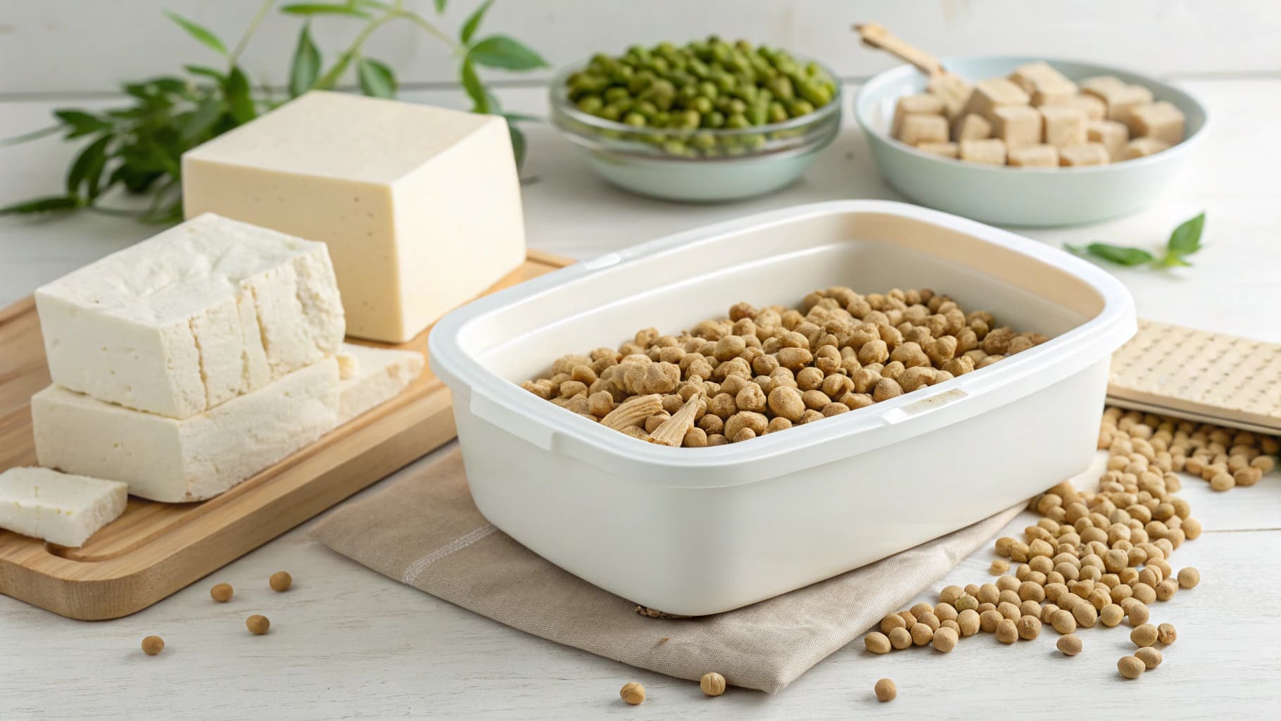 Tofu-based soy cat litter pellets with soybeans